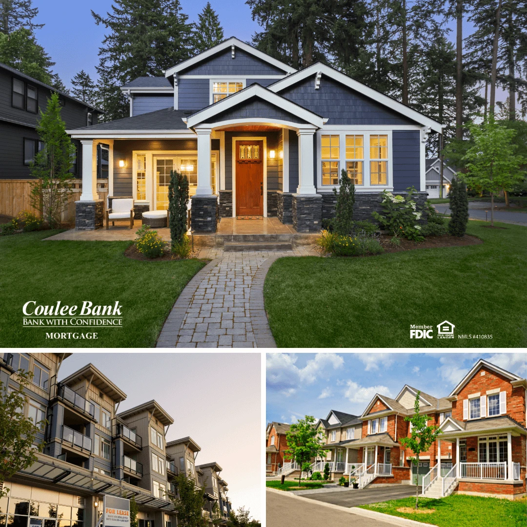 Collage of different home styles including a single-family house, townhomes, and an apartment complex, with Coulee Bank Mortgage branding.