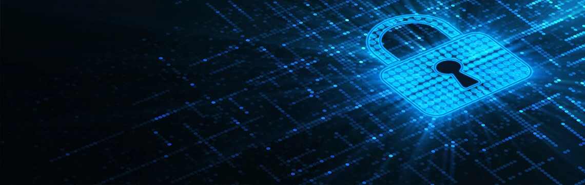 A glowing blue padlock on a digital grid background symbolizes cybersecurity and data protection. The image conveys a sense of security and technology.