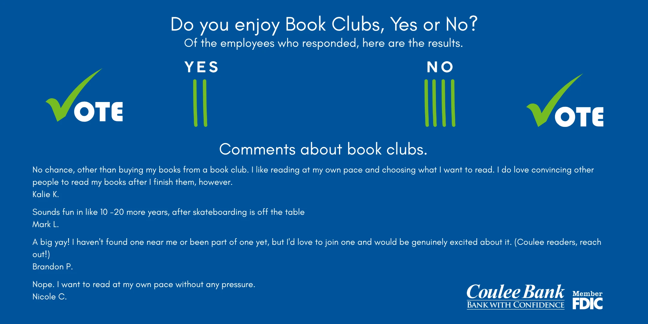 Employees vote if they like book clubs or not
