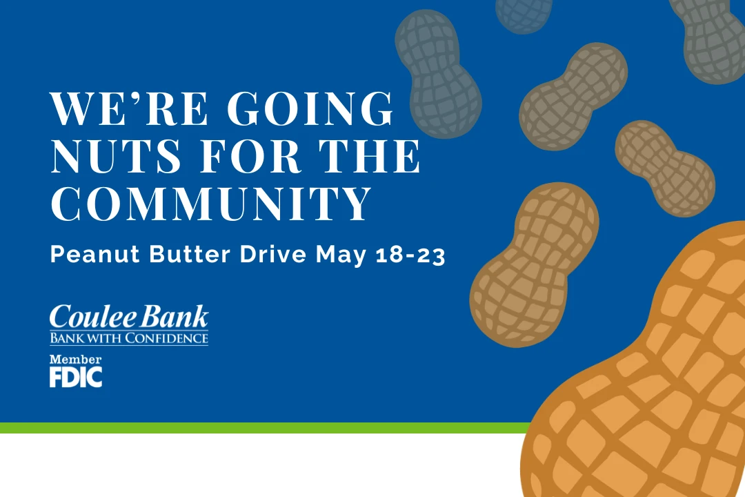 Banner showing information on the Coulee Bank Peanut Butter drive.