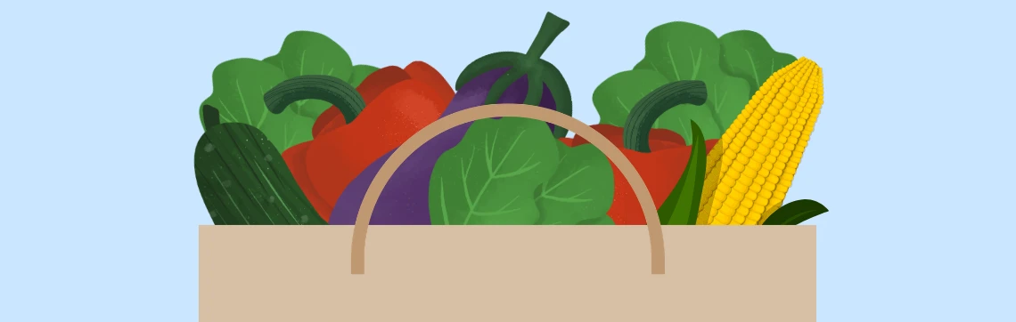 A cartoon grocery bag of food on a light blue background