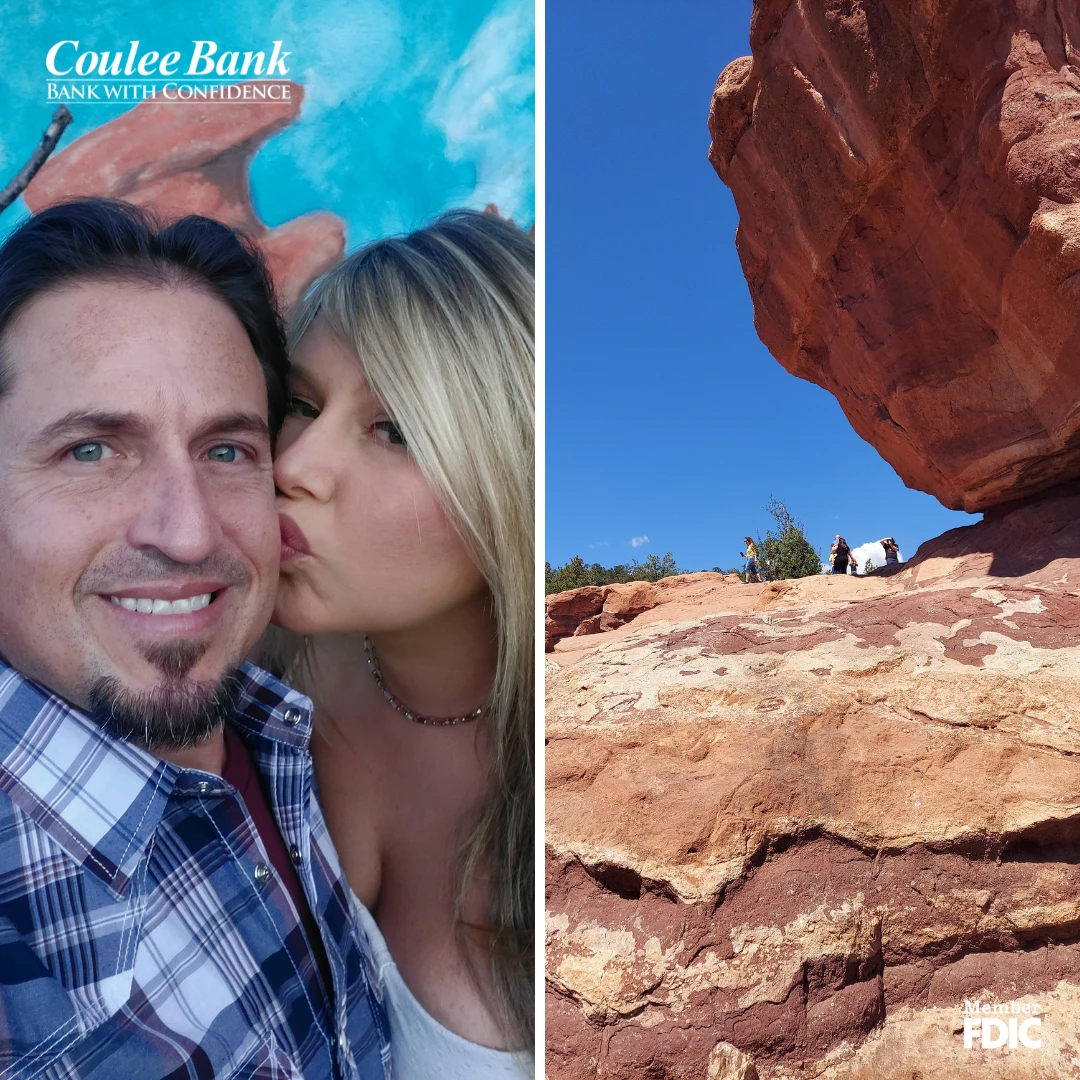 Photo of Chelsey, Employee Spotlight kissing her new husband and a photo of Garden of the Gods.