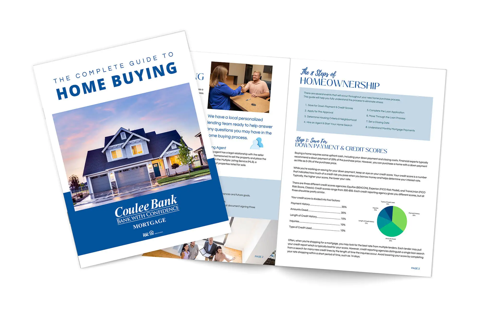 Open booklet titled "The Complete Guide to Home Buying" by Coulee Bank, showing homeownership tips and a photo of a house.