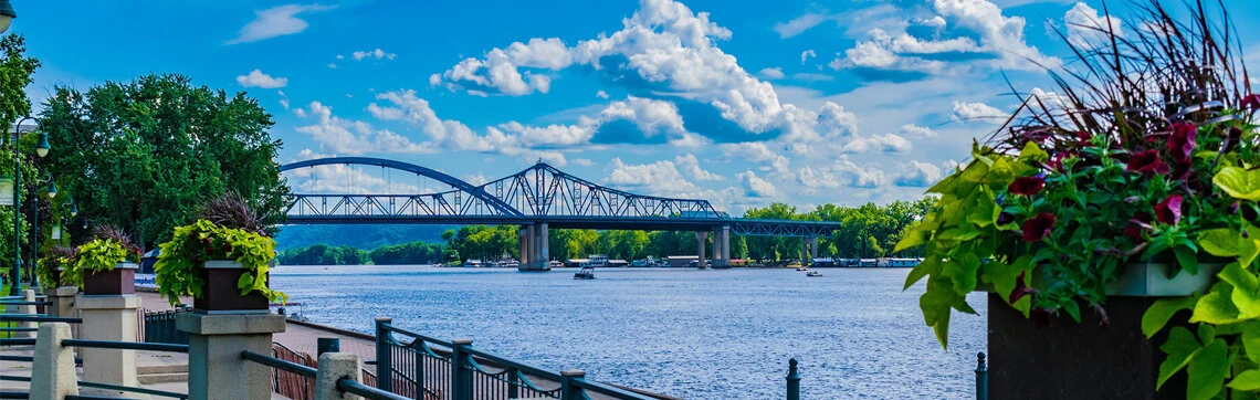River with bridge, boats, and flowers under a blue sky.