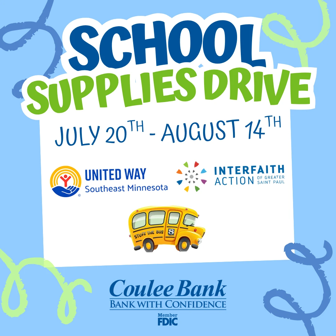 A graphic says "School Supplies Drive" with the dates July 20- August 14 listed. It shows the 3 organizations the School Supplies Drive is supporting.