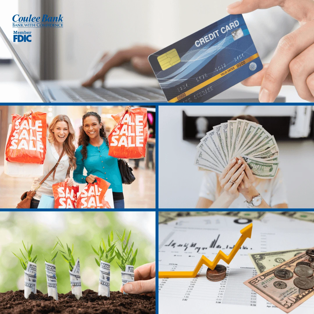 Collage of financial images including online credit card use, shopping, saving money, investing, and growing wealth, with Coulee Bank logo.