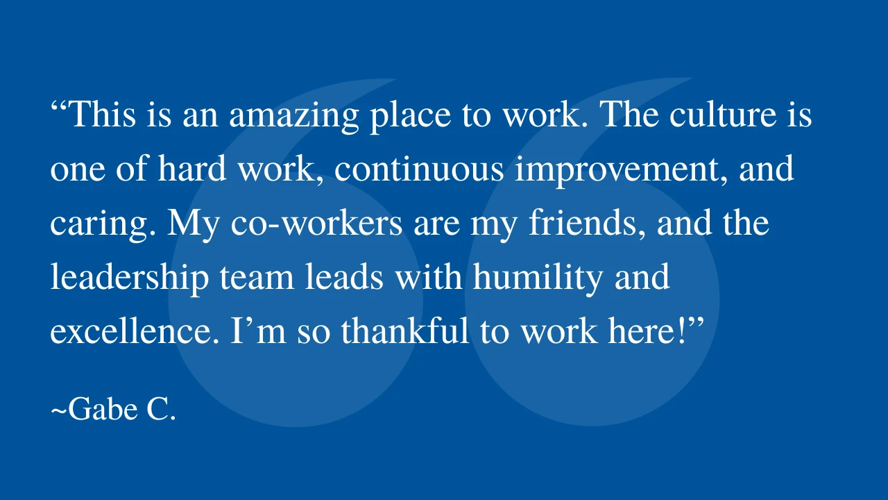 Website testimonial from Gabe with larger quotation mark graphic