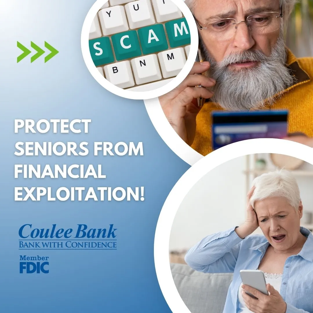 Image features a senior looking at her phone in distress. The title says, "Protect seniors from financial exploitation"