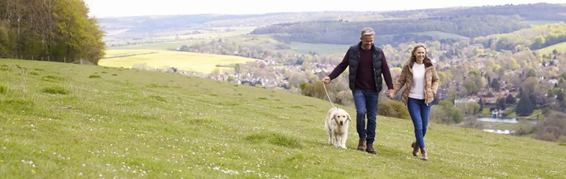 Couple walking hand in hand in the country with their dog.