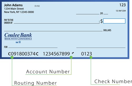 Image of check illustrating routing, account, and check numbers